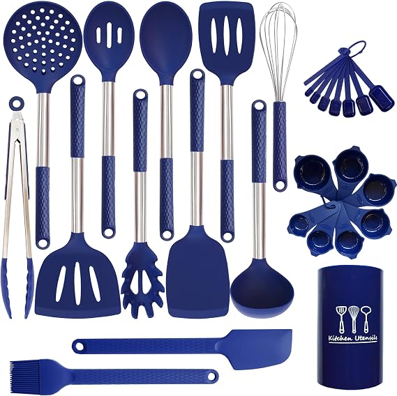 Silicone Kitchen Utensils Set - 28 Pieces Cooking Utensils Set Non-Stick Heat Resistance Silicon with Stainless Steel Handle - Royal Blue