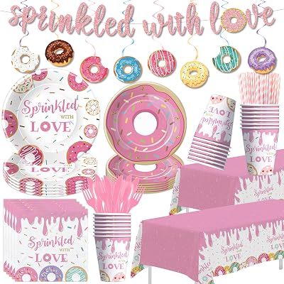Donut Baby Sprinkle Decorations For Girl, Pink Donut Theme Sprinkled With Love Baby Shower Party Supplies, Disposable Paper Plate, Cup, Napkin, Banner, Swirls, Cutlery, Tablecloth, Serves 24