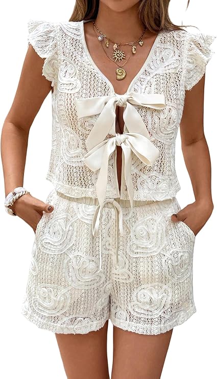 SOLY HUX Women's Summer Vacation Eyelet Short Sets 2 Piece Outfit | Tie Front, Ruffle Crop Top and Shorts, Beach Clothes, Resort Wear