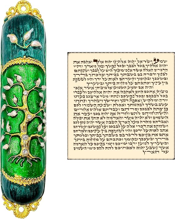 TALISMAN4U Enamel Door MEZUZAH CASE with Scroll Tree of Life Design | Green, Gold Plated, Crystals, Hand Painted, Protection Mezuza from Israel, Judaica Gift for Home