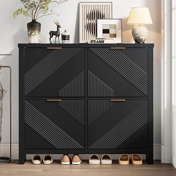 ONBRILL Shoe Cabinet with 4 Flip Drawers & Symmetric Groove Pattern