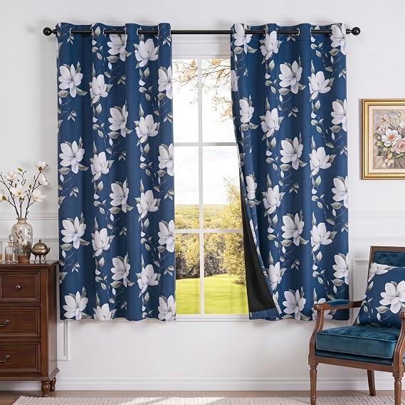 MYSKY HOME Floral 95% Blackout Curtains 45 Inch Long 2 Panels Set for Kitchen White Flower Printed Thermal Insulated Light Blocking Black Out Grommet Window Treatments, 52" W Each Panel, Blue