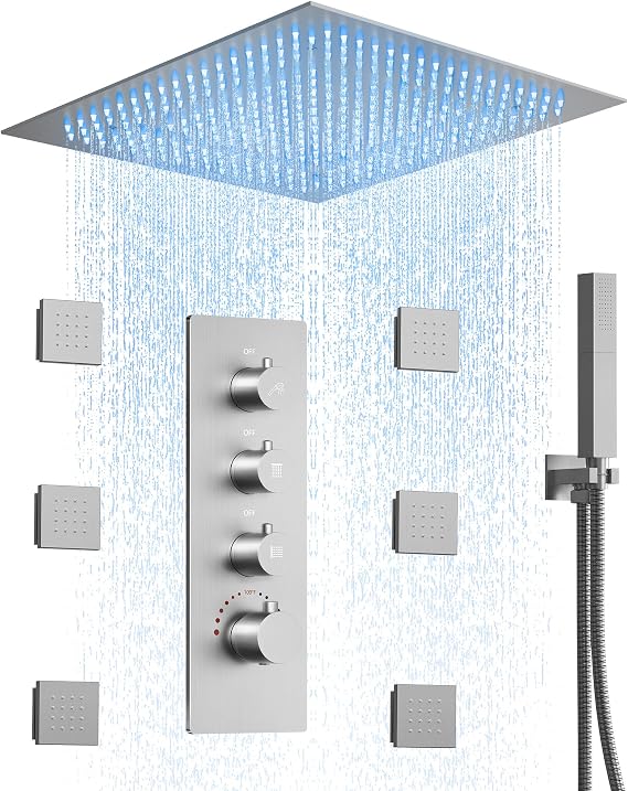 64 Color LED Mood Lighting Rainfall Shower System, 20" Ceiling Mount Bathroom Shower Faucet Set (Brushed Nickel)