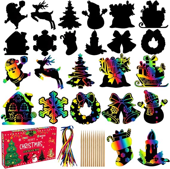 Stocking Stuffers - 48 PCS Rainbow Scratch Paper Cards Set | Christmas Crafts Toys Game for Kids - Christmas Gift Ornaments Party Favors Decorations Supplies for Grandkids - Toddler Stocking Stuffers