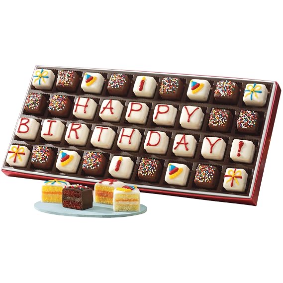 The Swiss Colony Birthday Petits Fours Gourmet Assortment Mini Layer Cakes | in Chocolate, Vanilla, Lemon, and Orange - Hand-Decorated Dessert to Celebrate Special Occasions