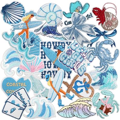 Nicime 24pcs Blue Sea Themed IronSew on Patches, Ocean Beach Wave Embroidered Applique, Coastal Cowgirl Decration for Clothes, Hat, Bag, Jeans, Dress, Shirt