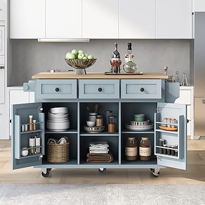 Kitchen Cart with Rubber Wood Drop-Leaf Countertop,Cabinet Door Internal Storage Racks,Kitchen Island on 5 Wheels with Storage Cabinet and 3 Drawers for Dinning Room, Grey Blue