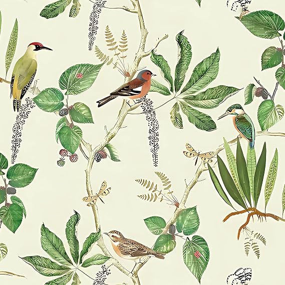 Jeweluck Vintage Bird Wallpaper Peel and Stick Leaf Contact Paper 16.9in x 196.8in Vintage Bird Contact Paper Botanical Peel and Stick Wallpaper Self Adhesive Removable Butterfly Decor Wall Vinyl