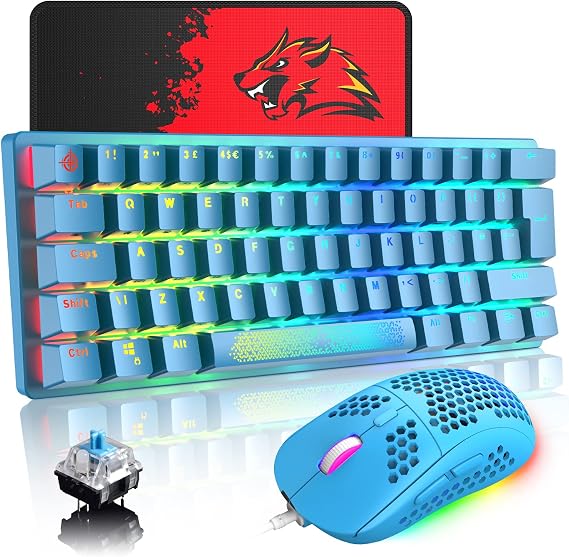 Wired Gaming Keyboard Mouse Combo Chroma RGB Backlit Mechanical Keyboard with 61 Keys Anti-ghosting Floating Keycaps Metal Plate Type-C RGB Gaming Mouse 6400 DPI for PC Gamers (Whtie/Blue Switch)