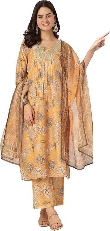 Janasya Indian Women's Silk Blend Mustard Floral Print Festive Wear Kurta Set for Women