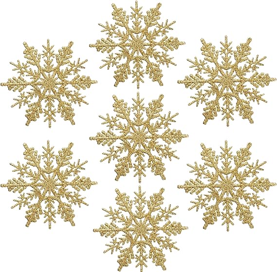 AMS 30ct 4''/100mm Plastic Glittered Snowflake Ornaments Sparkling Christmas Tree Decorations for Wedding,Thanksgiving,Party(Gold)