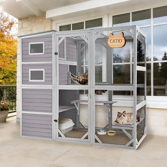 70" Tall Catio Outdoor Cat Enclosure, Large Wooden Cat House with Waterproof Roof & 3-Tier Platforms, Walk-in Outside Cat Patio with Connectable Window Door for Multiple Cats (Grey, Extra Large)