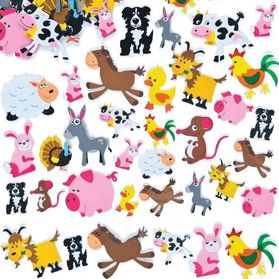 Baker Ross EV3104 Ross Foam Rubber Stickers Animals on the Farm for Kids Cards and Craft Projects (Pack of 96) Assorted