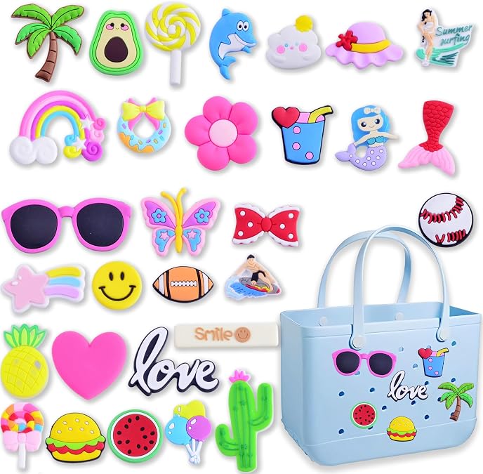 KJML DIY Charms for Bogg Bag, 30pcs Accessories Letters Flowers Baseball Beach Cute Decoration Bag Charms for Bogg Bag Rubber Tote Beach Bags