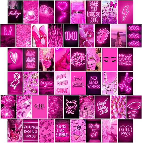 WOONKIT Pink Wall Collage Kit, Neon & Hot Pink, Bedroom Decor for Teen Girls - 50pcs 4x6 Inch