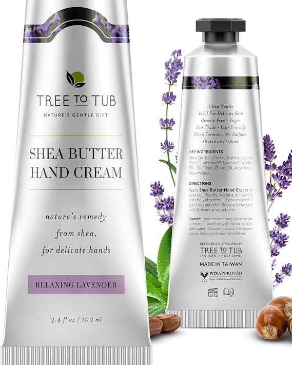 Tree To Tub Shea Butter Hand Cream for Dry Cracked Hands - Moisturizing Sensitive Skin Hand Lotion for Women & Men, Non-Greasy Vegan Hand Moisturizer w/Organic Cocoa, Aloe Vera, All Natural Lavender