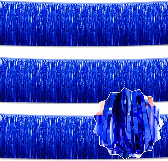 3 Pack 10 Ft Blue Foil Fringe Garland Metallic Streamers Tinsel Banner Wall Hanging Garland Backdrop for Parade Floats, Halloween, Christmas, Thanksgiving, New Year Party Decorations