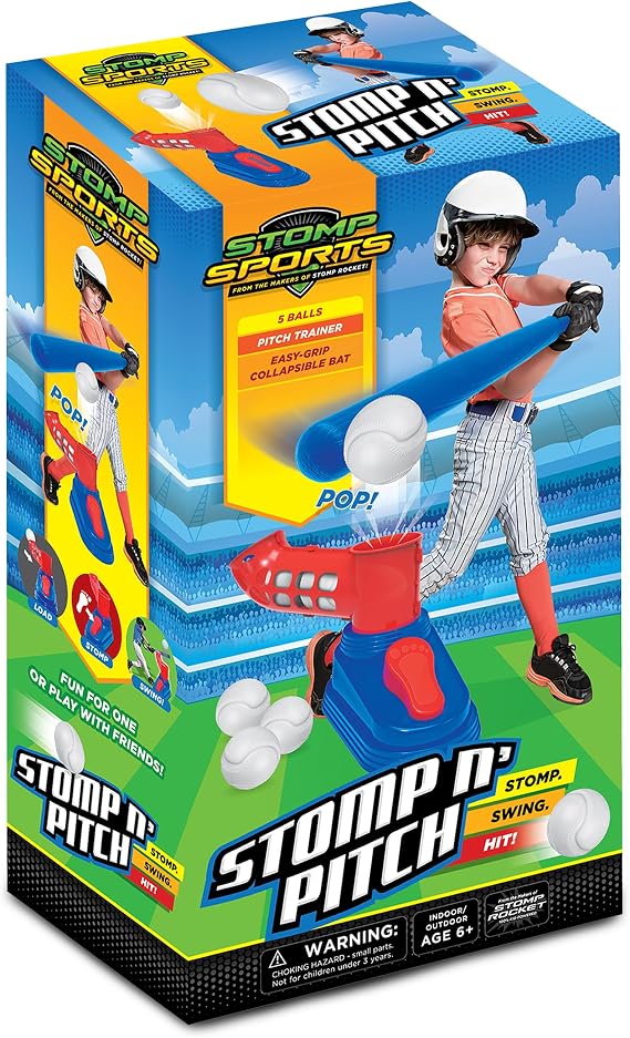 Stomp Rocket Stomp N Pitch Baseball Pitching Machine for Kids - Baseball Training Machines for Boys & Girls with Collapsible Bat, Launcher & 5 Balls - Outdoor Sports Gear & Toys - 6+ Year Olds