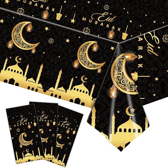 3 Pack Ramadan Decorations Ramadan Table Cloth, Black and Gold Eid Mubarak Tablecloth, 108x54 inch Ramadan Mubarak Table Cover, Ramadan Eid Decorations for Home, PE Plastic Disposable Tablecloth