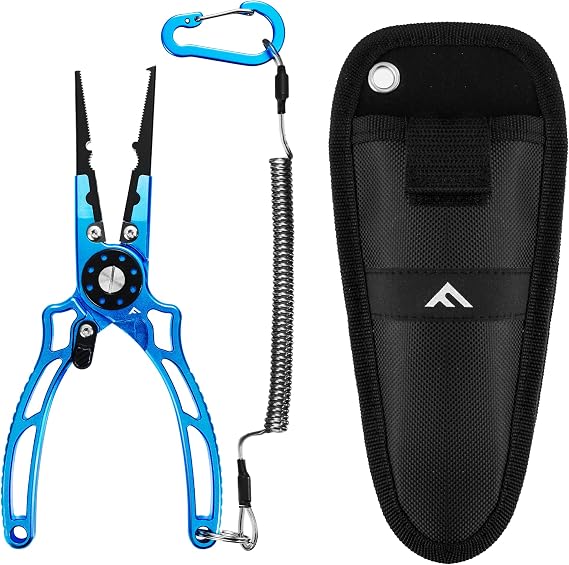 FLISSA Fishing Pliers, Safety Lock Design Fish Pliers Saltwater, Aluminum Hook Remover, Titanium 6Al-4V Jaw and Tungsten Carbide Line Cutters, Sheath & Lanyard, Fishing Gear Gifts for Men