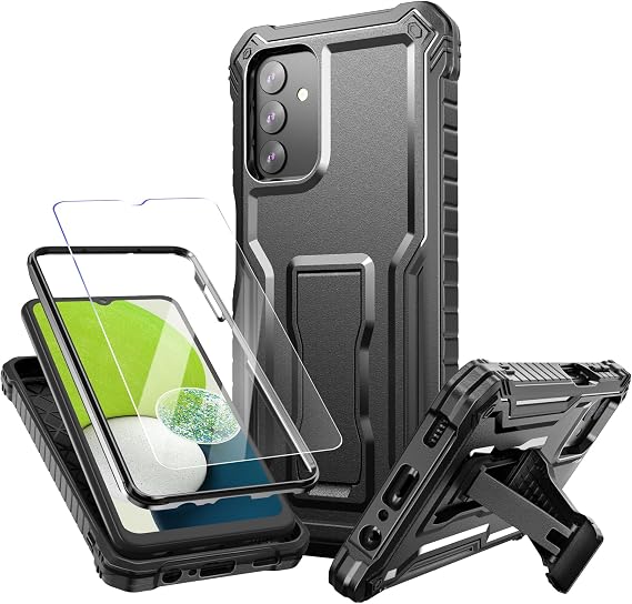FITO for Samsung Galaxy A03S 5G Case, Dual Layer Shockproof Heavy Duty Case with Glass Screen Protector for Samsung A03S 5G Phone, Built in Kickstand (Black)