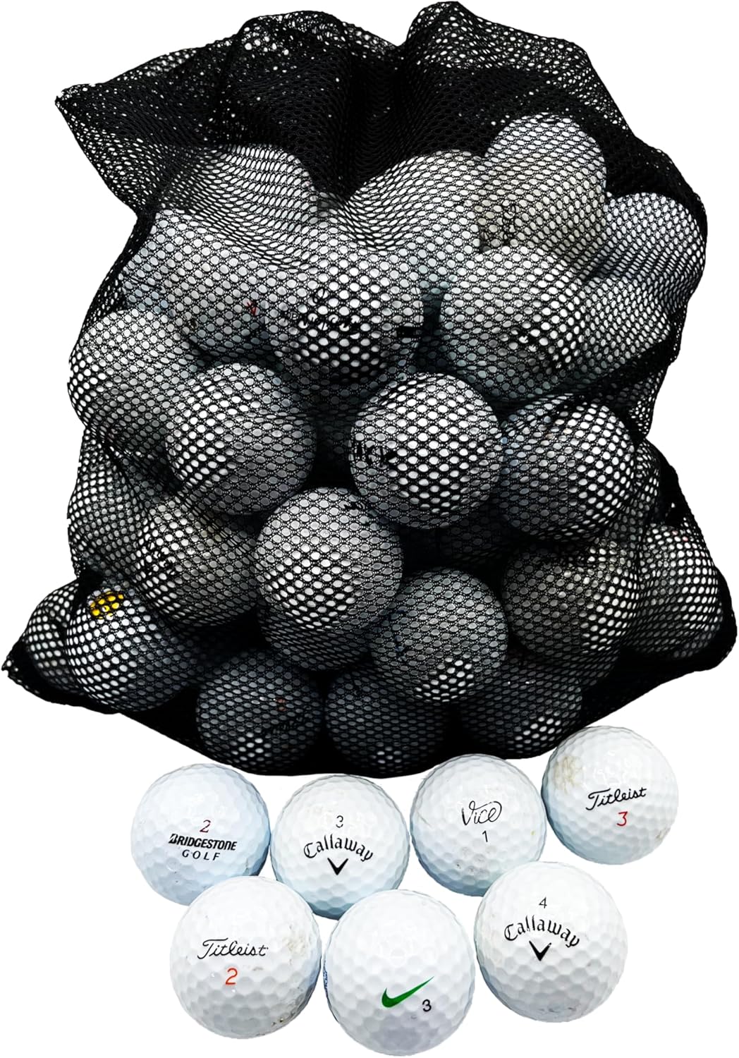 72-Pack Callaway, Vice, Taylormade Assorted Model Recycled BC Grade Golf Balls with Mesh Bag - Premium Brand Mix, White