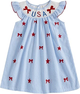 MoZiKQin 4th of July Baby Girl Outfit Toddler USA Dress Ruffle Sleeve American Flag Smocked Dresses Fourth of July Outfit
