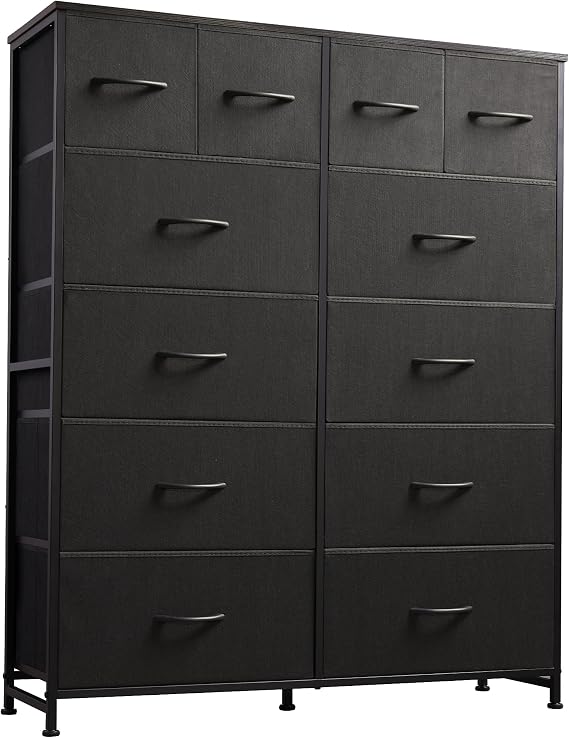 WLIVE 12 Drawer Tall Black Fabric Dresser Bedroom Storage Chest | Black tall 12-drawer fabric dresser with wood top, modern storage tower for bedroom home office closet living room
