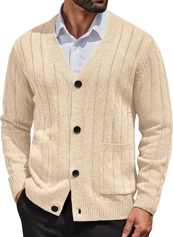 COOFANDY Men's Cardigan Sweater Cable Knit V Neck Button up Sweaters Ribbed Cardigan Sweater with Pockets