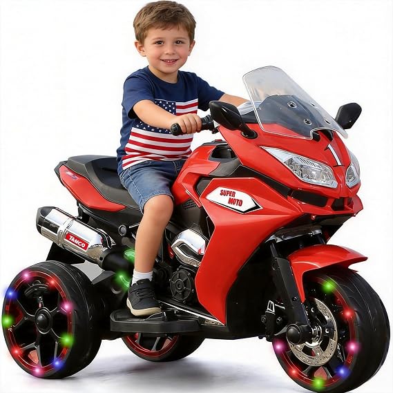 12V Kids Electric Motorcycle with Light-Up Wheels | Plastic, 3-wheel design, music, horn, phone connection, light-up wheels, ages 3-6, 41.5 W x 19 D x 30 H in, 66 lb max