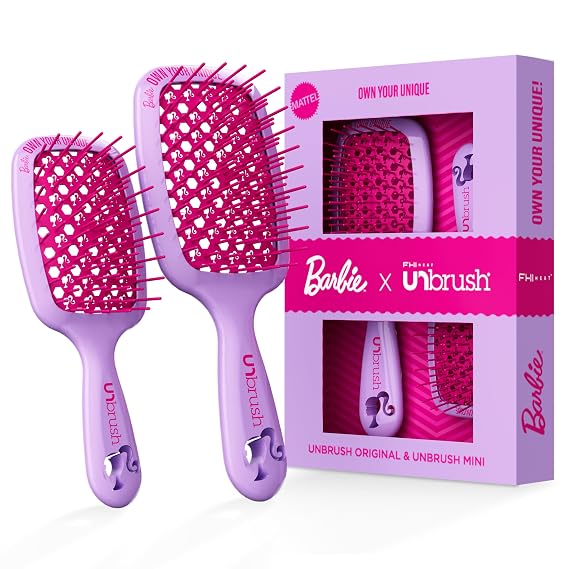 FHI Heat UNbrush Barbie Detangling Brush Duo - Own Your Unique - Purple | Original +Mini Size Pain-Free Brushing on All Wet or Dry Hair Types, Durable DuoFlex Anti-Static Bristles, Lightweight Handle