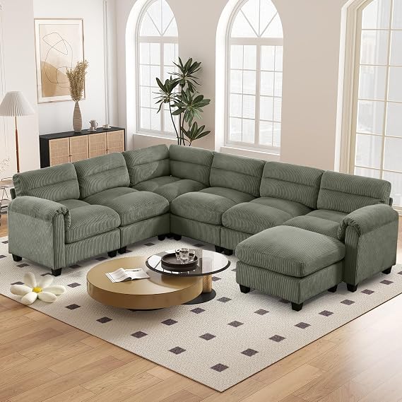HAOMARKETS Oversized Modular Sectional Sofa with Movable Ottoman, Corduroy U Shaped Sectional Couches, 7-Seater Modular Sofas with Reversible Chaises for Living Room