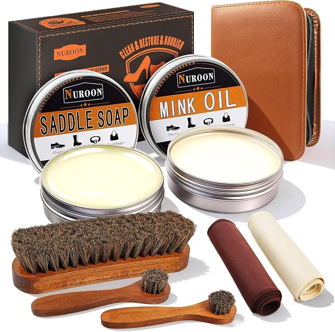 Nuroon Leather Boots Care Kit-3.52oz Saddle Soap+3.52oz Mink Oil for Leather Shoes Cleaning and Leather Purse Shoes Polishing