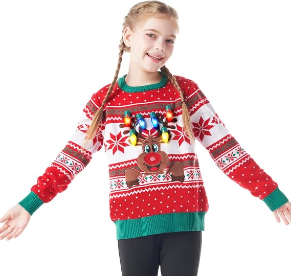 Giggling Getup Ugly Christmas Sweater with Light, LED Ugly Christmas Sweater for Women Men Kids 2025 Moose(Red)