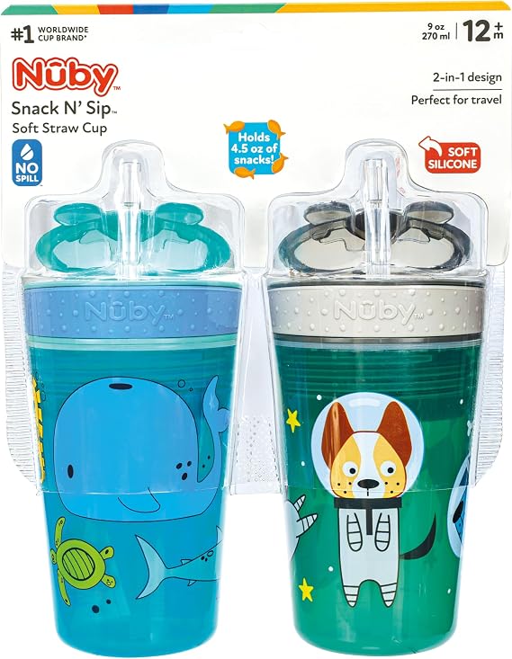 Nuby All in One Snack Bowl and No Spill Soft Straw Cup - 2 Pack Aqua Ocean Animals & Green Puppy Dogs - Snack N' Sip, Holds: 4.5 oz Container with Lid and 9 oz/ 270 ml Straw Cup (12 Months +) | Aqua Ocean Animals & Green Puppy Dogs, Snack N' Sip, 4.5 oz Container with Lid, 9 oz/ 270 ml Straw Cup, 12 Months +
