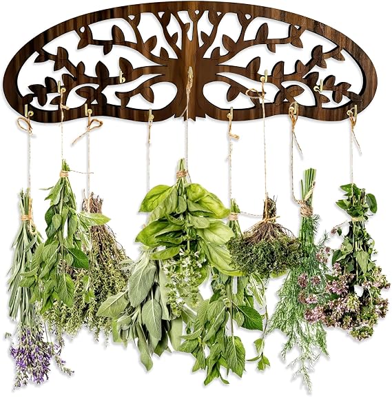 Herb Drying Rack - Wall Mounted Tree Design Holds 11 Bouquets