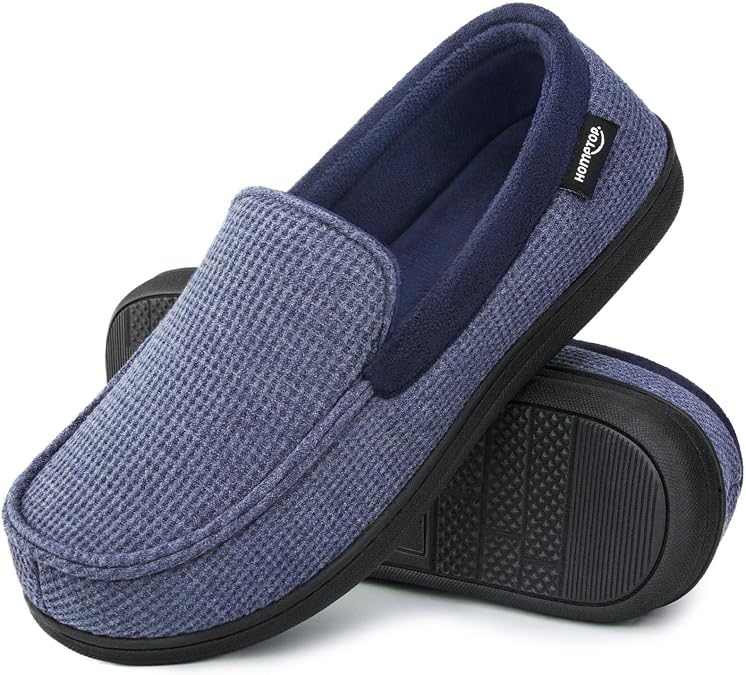 HomeTop Men's Knit Moccasin Slippers Memory Foam House Shoes Indoor Outdoor