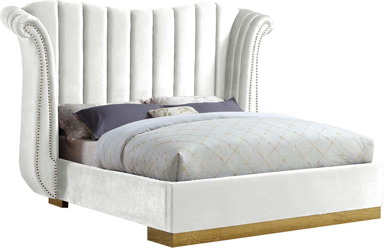 Meridian Furniture Flora Collection Modern | Contemporary Velvet Upholstered Bed Nailheads, Deep Channel Tufting and Gold Metal Base, King, White