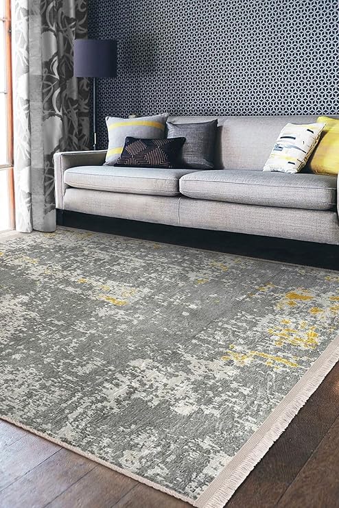 RealHomes Gri Sarı Zeminde Kilim Motifli Antik Halı Desenli Eskitme Motifli Vintage Kaymaz Taban Saçaklı Halı HaliDik-Deluxe-11004, 80 x 200