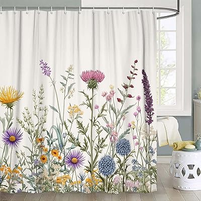 JAWO Boho Floral Shower Curtain, Rustic Farmhouse Wildflower Shower Curtains for Bathroom, Cute Aesthetic Decorative Machine Washable Waterproof Fabric 69x70 Inch