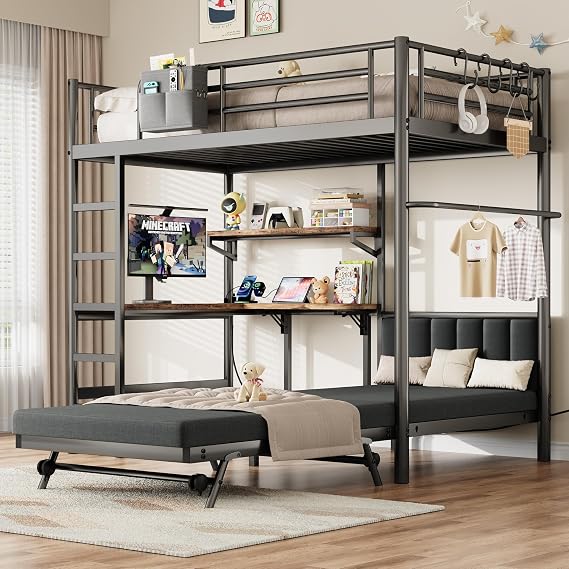 Jocoevol Twin Loft Bed with Mattress, Dual-Access Bed, Pull-Out Folding Bed & L-Shaped Desk, Heavy Duty Metal Bunk Bed Frame with Safety Guardrails, Charging Station & Adjustable Shelves (Black)