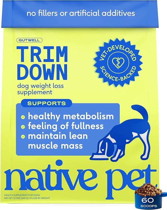 Native Pet GutWell Trim Down - Weight Management Dog Food Topper & Weight Loss Supplement Promotes Feelings of Fullness, Healthy Metabolism & Lean Muscles with Triple-Biotic & L-Carnitine - 60 Scoops