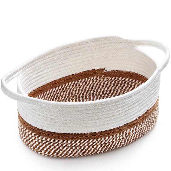Pro Goleem Woven Basket with Reinforced Handles - Baskets for Gifts Empty DIY Burr Basket Kit for Holiday, Baby Shower, Raffle - 13x8x6 Cotton Rope Storage Toy Bin (White & Brown)