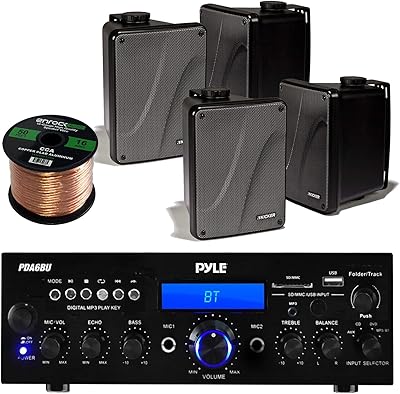 Pyle PDA6BU Bluetooth Radio USB AUX Amplifier Stereo Receiver Bundle With 4x Kicker KB6000B 6.5 Full Range Bookshelf Waterproof Speaker  1x Enrock 50ft 16g Speaker Wire