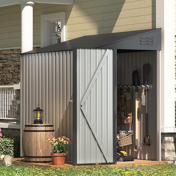 AECOJOY Outdoor Storage Shed Lean to, 4.2 x 7 Small Metal Wall Side Door Sheds & Outdoor Storage, Outdoor Storage Cabinet for Garden, Backyard and Outdoor Use in Grey, Taupe