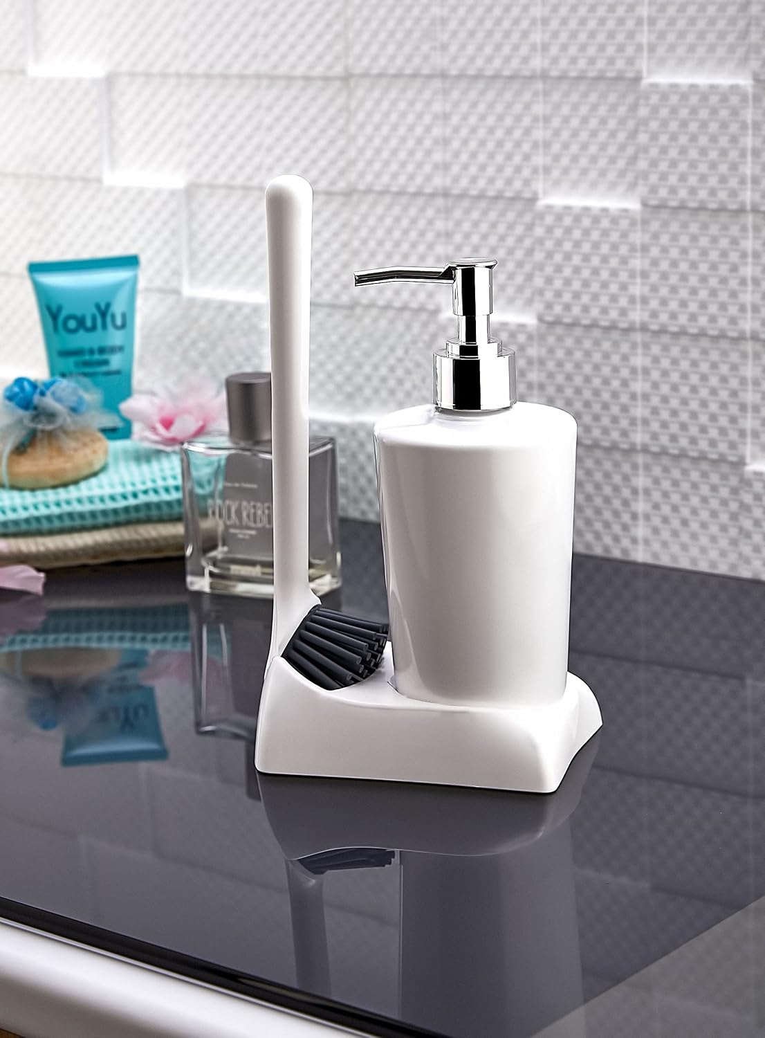ATA HOME Armona Silicone Brushed Kitchen Bathroom Liquid Soap Dispenser Sponge Set