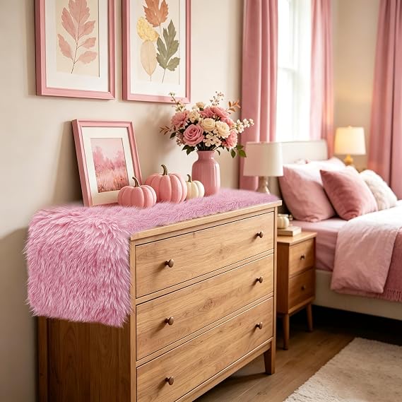 yuboo Pink Table Runner 48 inches, Fluffy Dresser Runner and Topper Cover