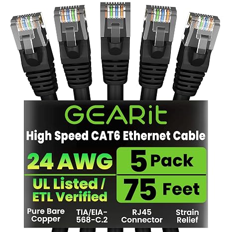 GEARit Cat6 Patch Cables Cat 6 Ethernet Cable 75 ft 5-Pack Black