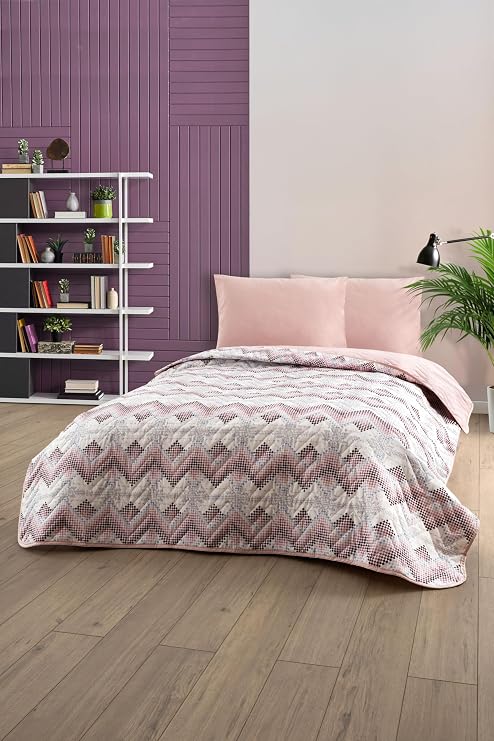 Formeya Çift Kişilik Desenli Kapitone Çift Taraflı Renkli Pike Yatak Örtüsü Takımı 200x230 cm (Çarşafsız) (Pudra)