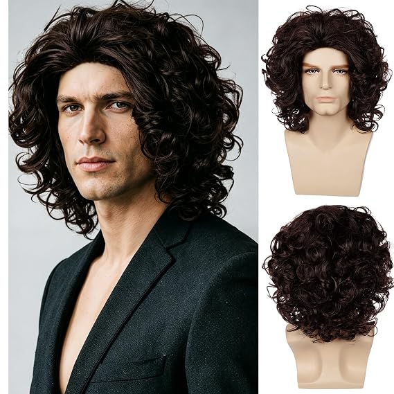BERON Men's Short Curly Brown Wig Heat Resistant Synthetic Hair Natural Looking Brown Wig for Men and Women Cosplay Party Costume Daily Use (Dark Brown)